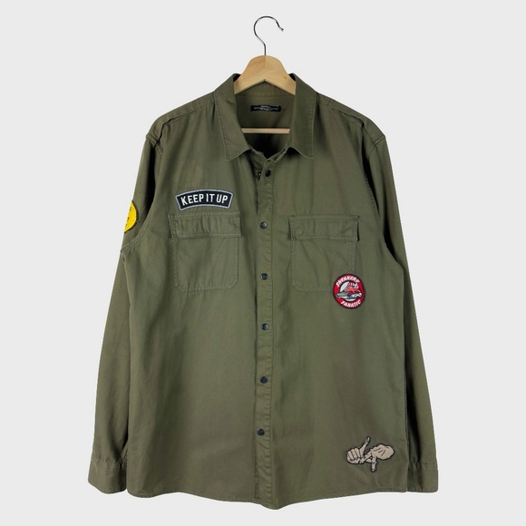 Bershka Other - Bershka Vintage Green Military Patchwork Utility Shirt